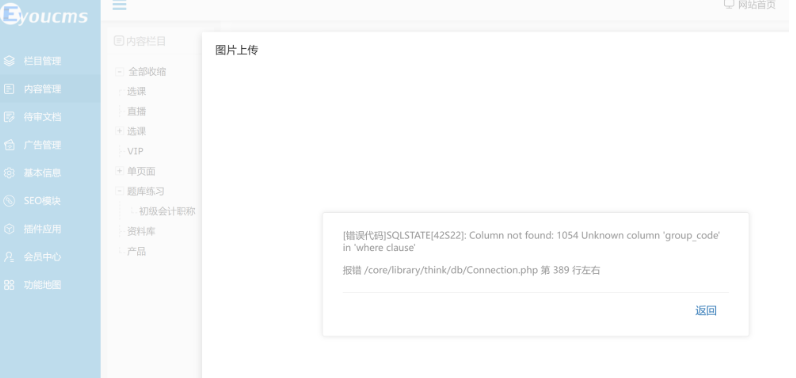 易优上传文件出现报错/core/library/think/db/Connection.php第389行左右