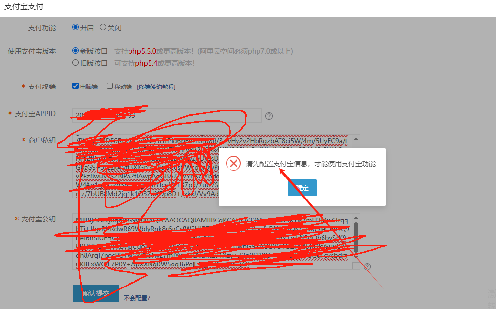 eyoucms安装支付宝接口出现“请先配置支付宝信息,才能使